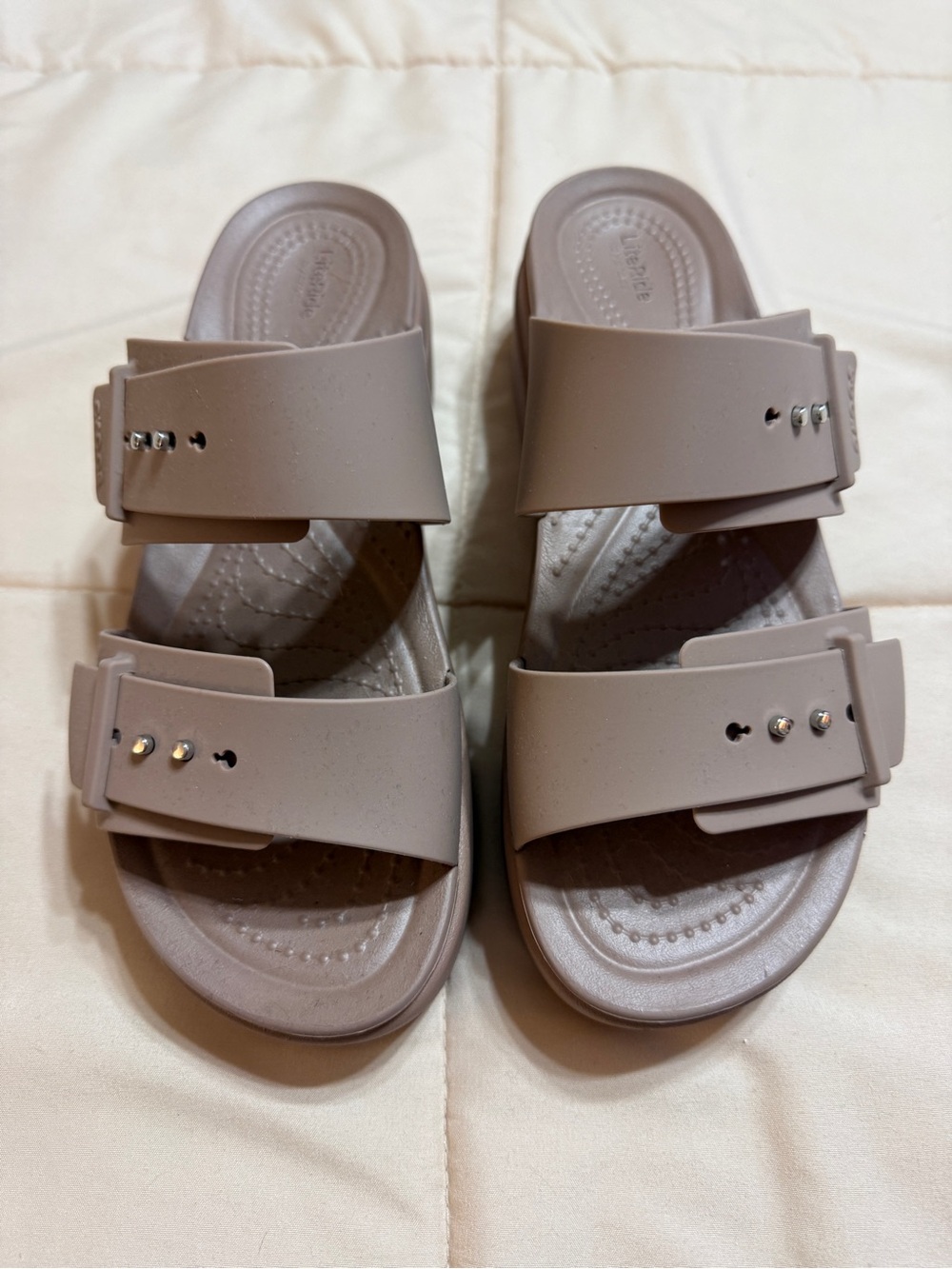 Crocs Double Strap Slide Sandals in Taupe